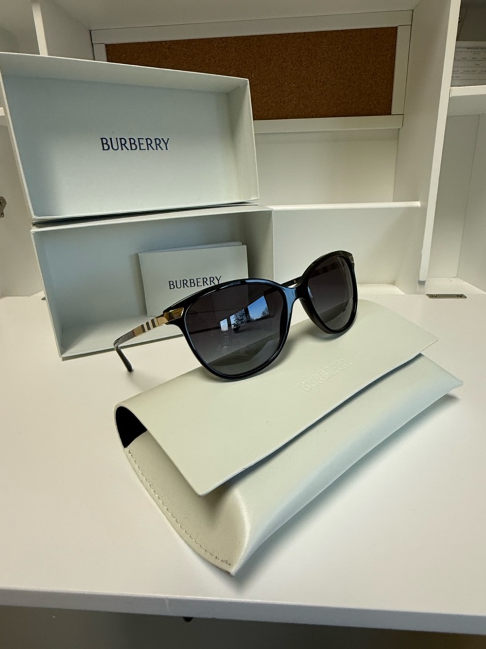 Burberry Women's Sunglasses: Black Cat Eye Frame, Check Temple Detail, NEW